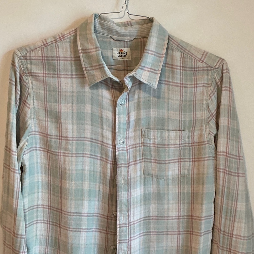 Marine Layer Men's Plaid Button-Down Shirt - Soft Blue and Pink